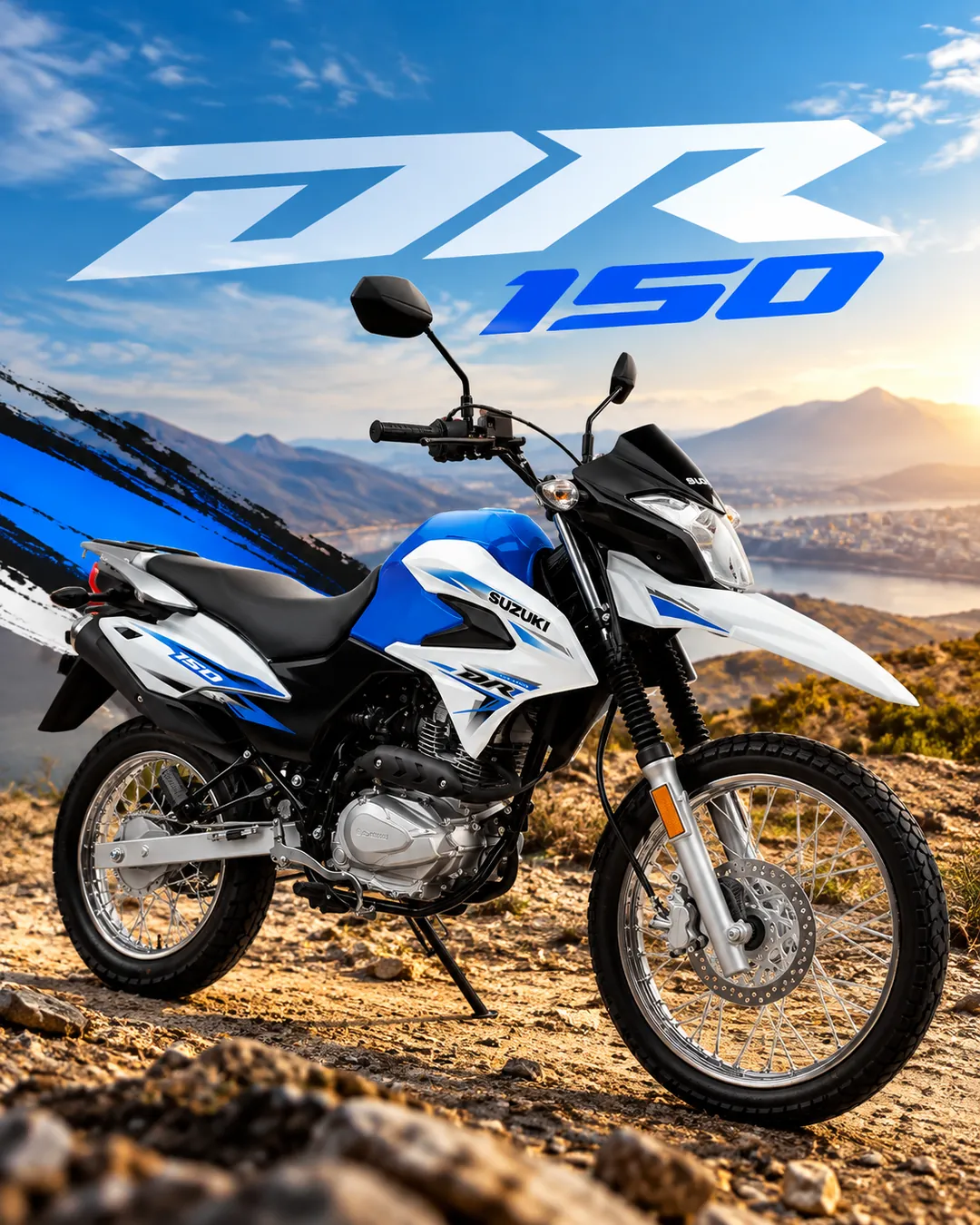 Suzuki DR 150 blanca y azul en un camino de montaña